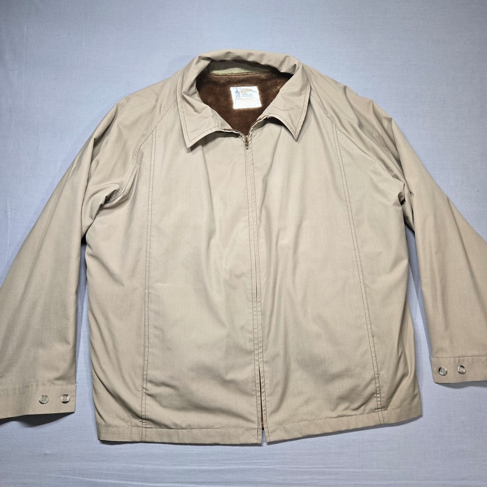 London Fog Mens Vintage Tan Faux Fur Lined Harrington Jacket Size 52‎ Long Khaki
